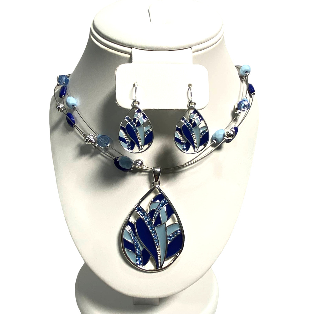 NEW Silver Plated Floating Blue Bead Teardrop Rhinestone Necklace & Earring Set
